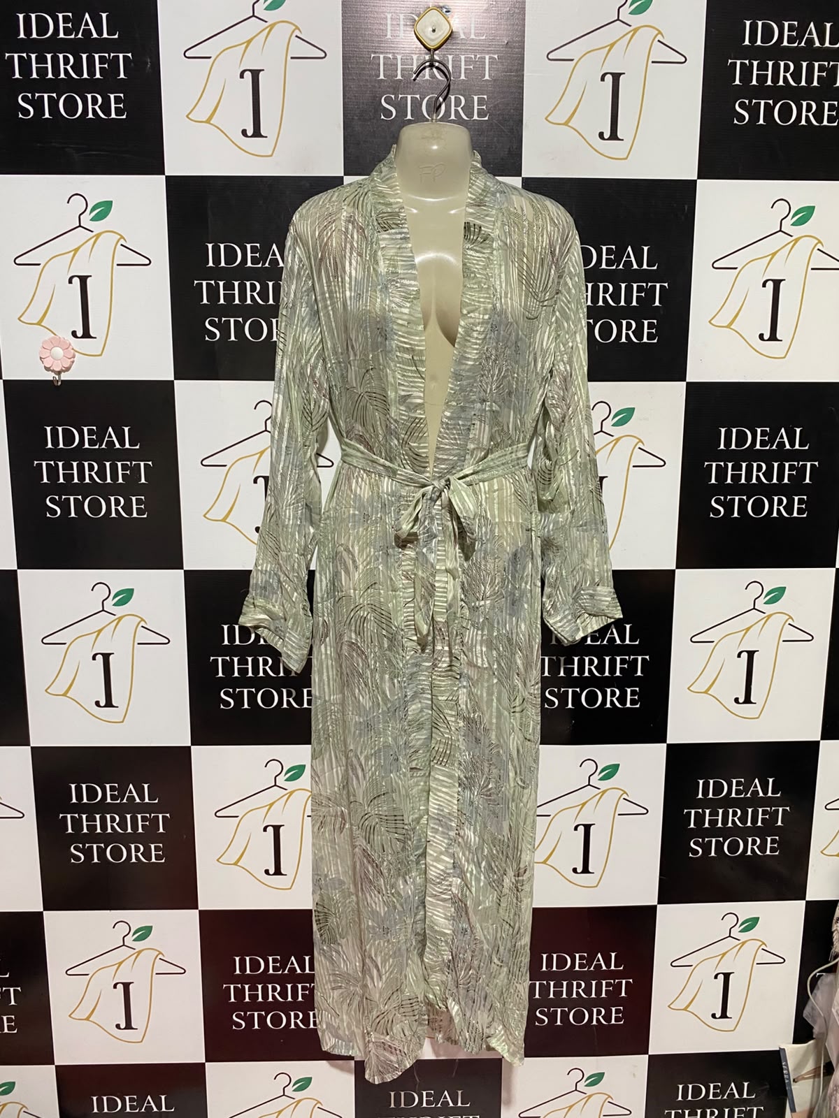 AF |L| BUST 21| A2| SAGE GREEN TROPICAL BOTANICAL METALLIC STRIPE MAXI ROBE DUSTER KIMONO WITH BELT
