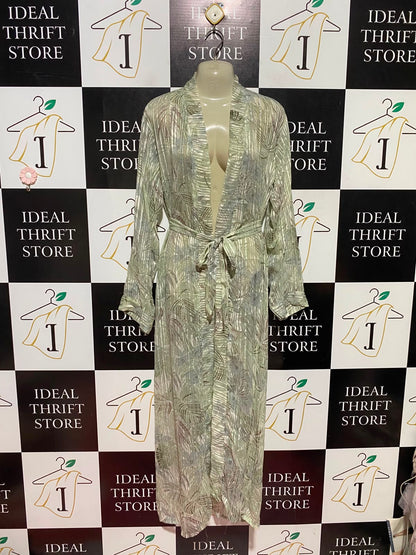 AF |L| BUST 21| A2| SAGE GREEN TROPICAL BOTANICAL METALLIC STRIPE MAXI ROBE DUSTER KIMONO WITH BELT