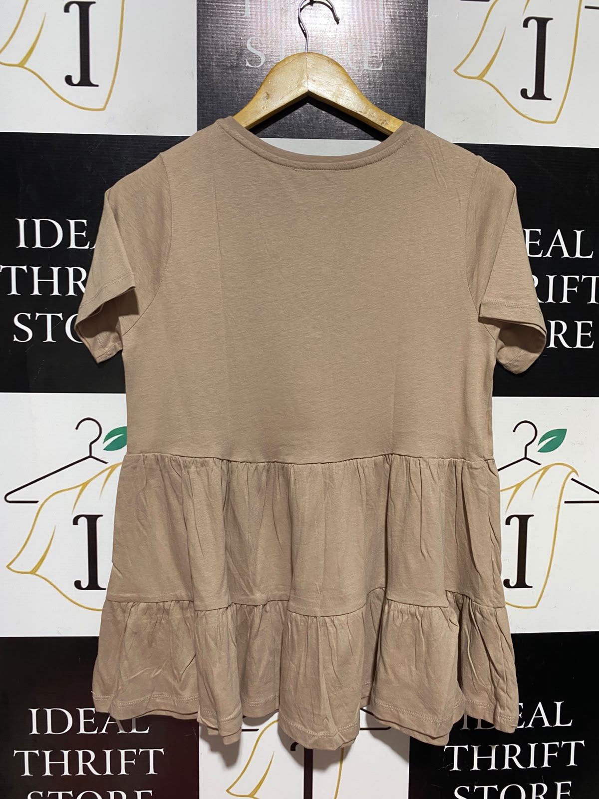 NEW LOOK |M| BUST 17| A2| TAN BEIGE ORGANIC COTTON TIERED BABYDOLL PEPLUM T-SHIRT TOP NWT