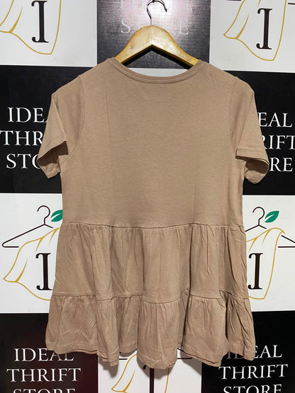 NEW LOOK |M| BUST 17| A2| TAN BEIGE ORGANIC COTTON TIERED BABYDOLL PEPLUM T-SHIRT TOP NWT