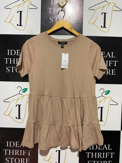 NEW LOOK |M| BUST 17| A2| TAN BEIGE ORGANIC COTTON TIERED BABYDOLL PEPLUM T-SHIRT TOP NWT