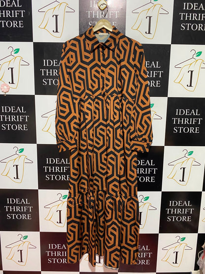NEW COLLECTION |L| BUST 20| A2| BROWN AND BLACK RETRO GEOMETRIC PRINT TIERED LONG SLEEVE SHIRT DRESS MAXI