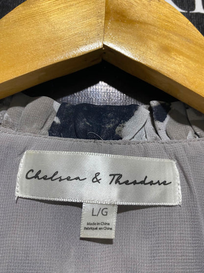 CHELSEA & THEODORE |L| BUST 20| A2| TAUPE AND BLACK WATERCOLOR FLORAL PLEATED KEYHOLE TIE BLOUSE
