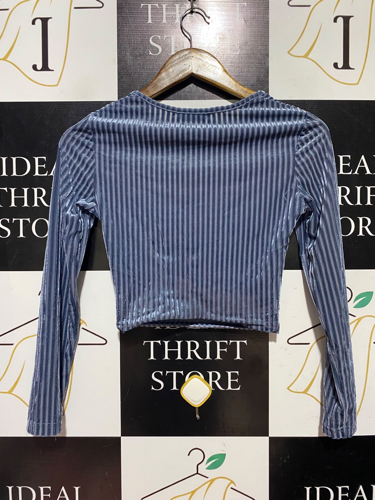 SHEIN |XS| BUST 15| A2| SLATE BLUE RIBBED VELVET RUCHED BUST LONG SLEEVE CROP TOP