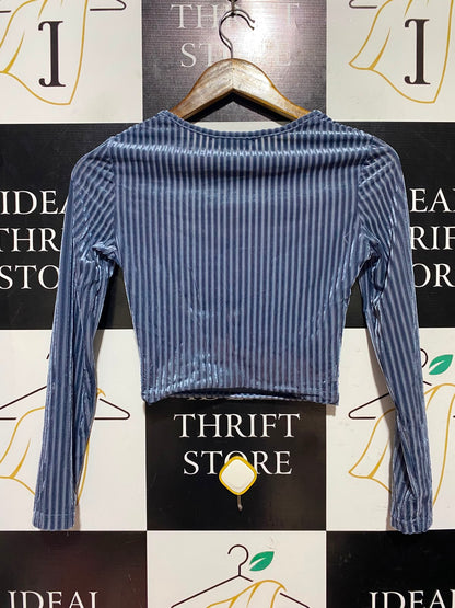 SHEIN |XS| BUST 15| A2| SLATE BLUE RIBBED VELVET RUCHED BUST LONG SLEEVE CROP TOP