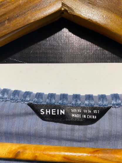 SHEIN |XS| BUST 15| A2| SLATE BLUE RIBBED VELVET RUCHED BUST LONG SLEEVE CROP TOP