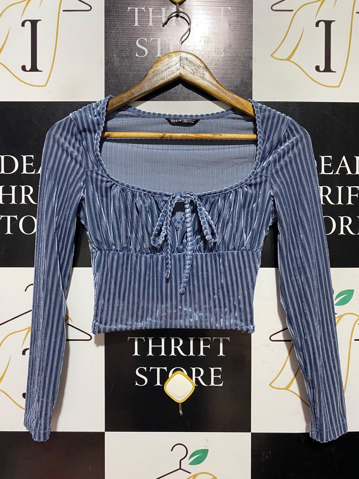 SHEIN |XS| BUST 15| A2| SLATE BLUE RIBBED VELVET RUCHED BUST LONG SLEEVE CROP TOP