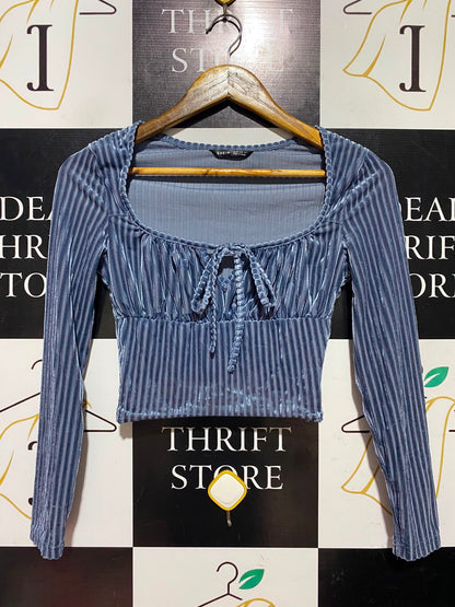 SHEIN |XS| BUST 15| A2| SLATE BLUE RIBBED VELVET RUCHED BUST LONG SLEEVE CROP TOP