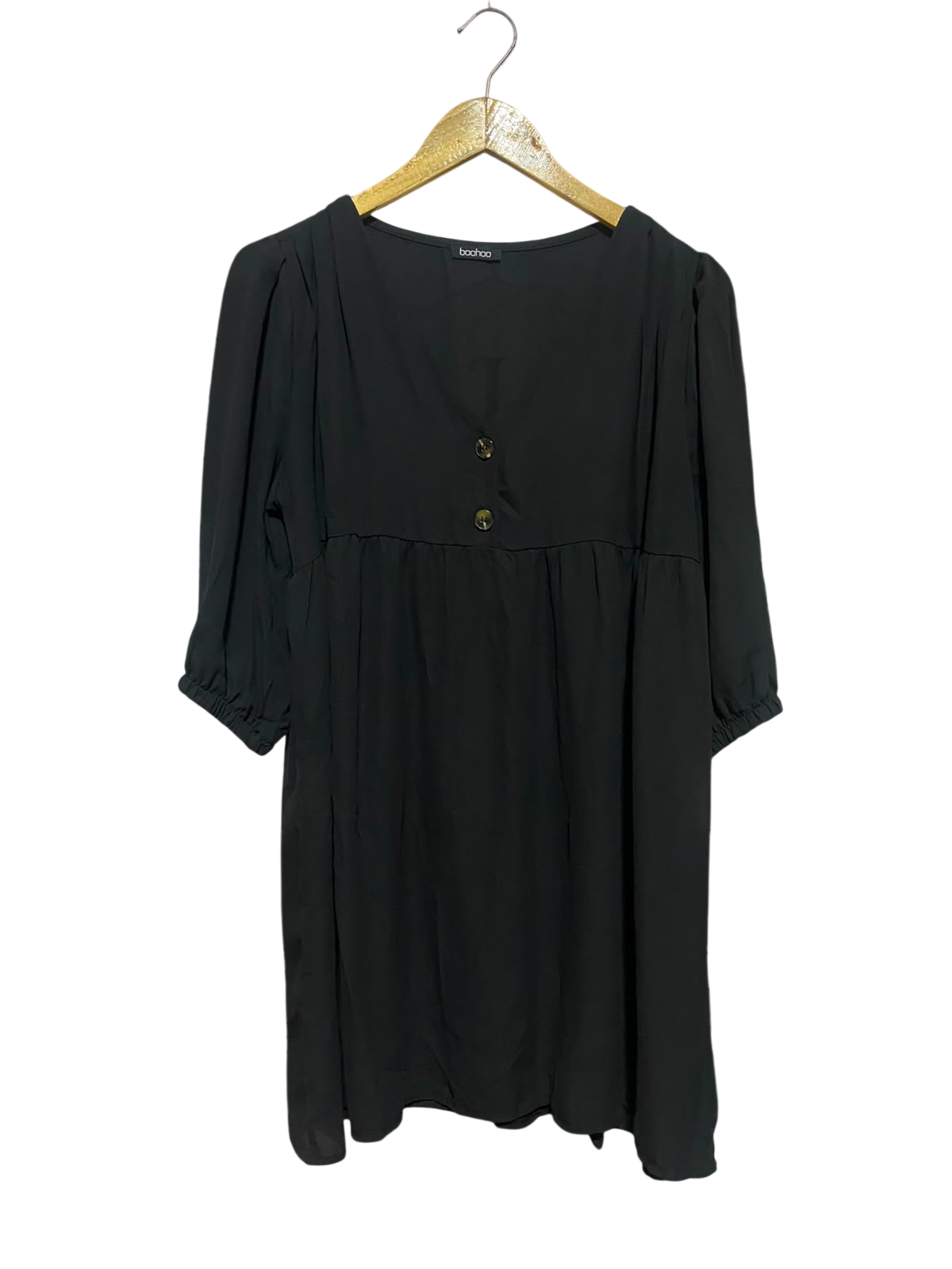BOOHOO |L| BUST 20| A3| BLACK HIGH-WAISTED BUTTON-FRONT BABYDOLL SMOCK MINI DRESS