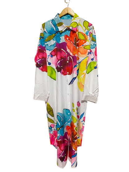 |XXL| BUST 24| A3| MULTICOLOR ABSTRACT WATERCOLOR FLORAL BUTTON-FRONT MAXI SHIRT DRESS