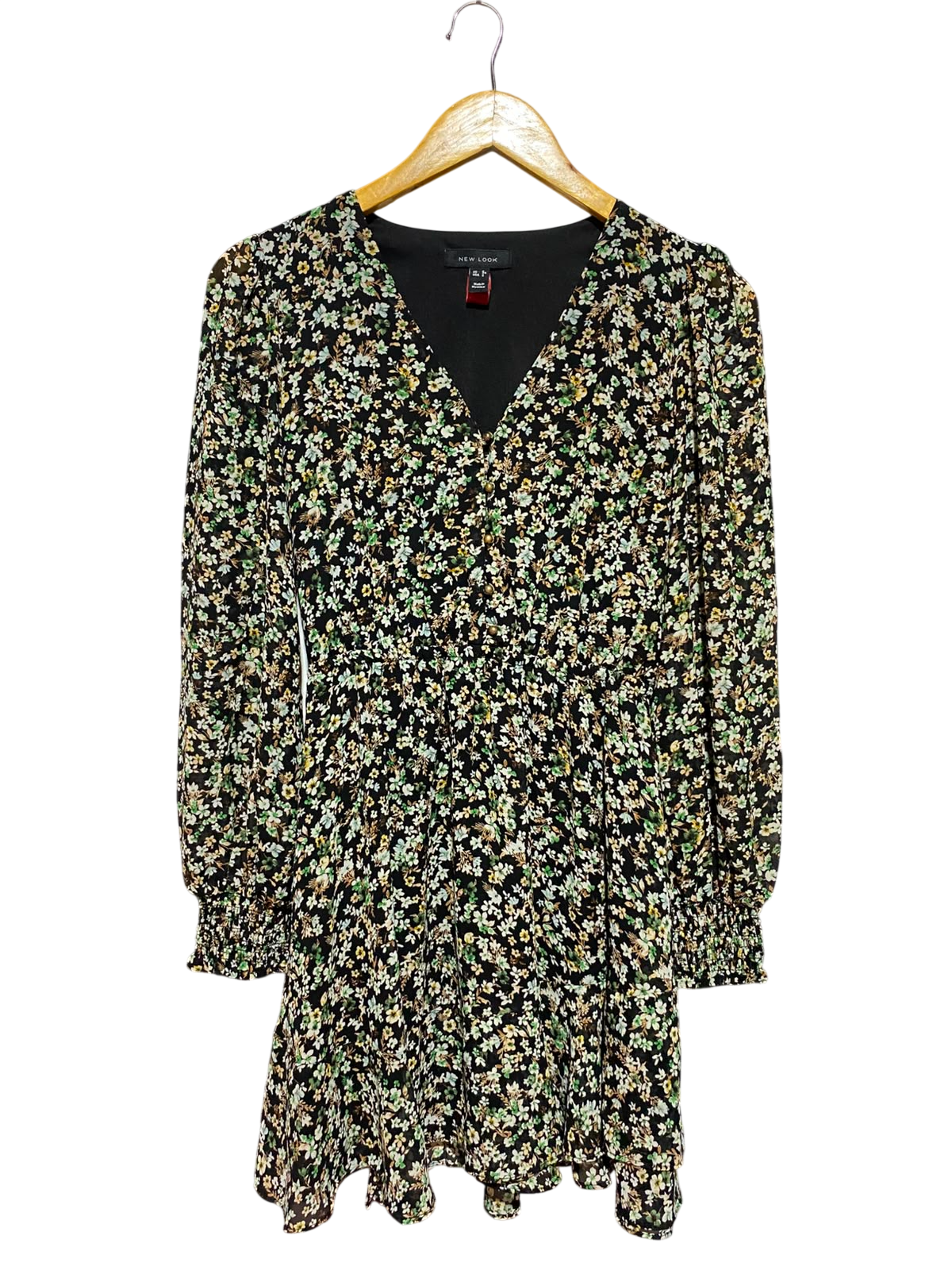 NEW LOOK |S| BUST 16| A3| BLACK MULTICOLOR DITSY FLORAL LONG SLEEVE MINI DRESS
