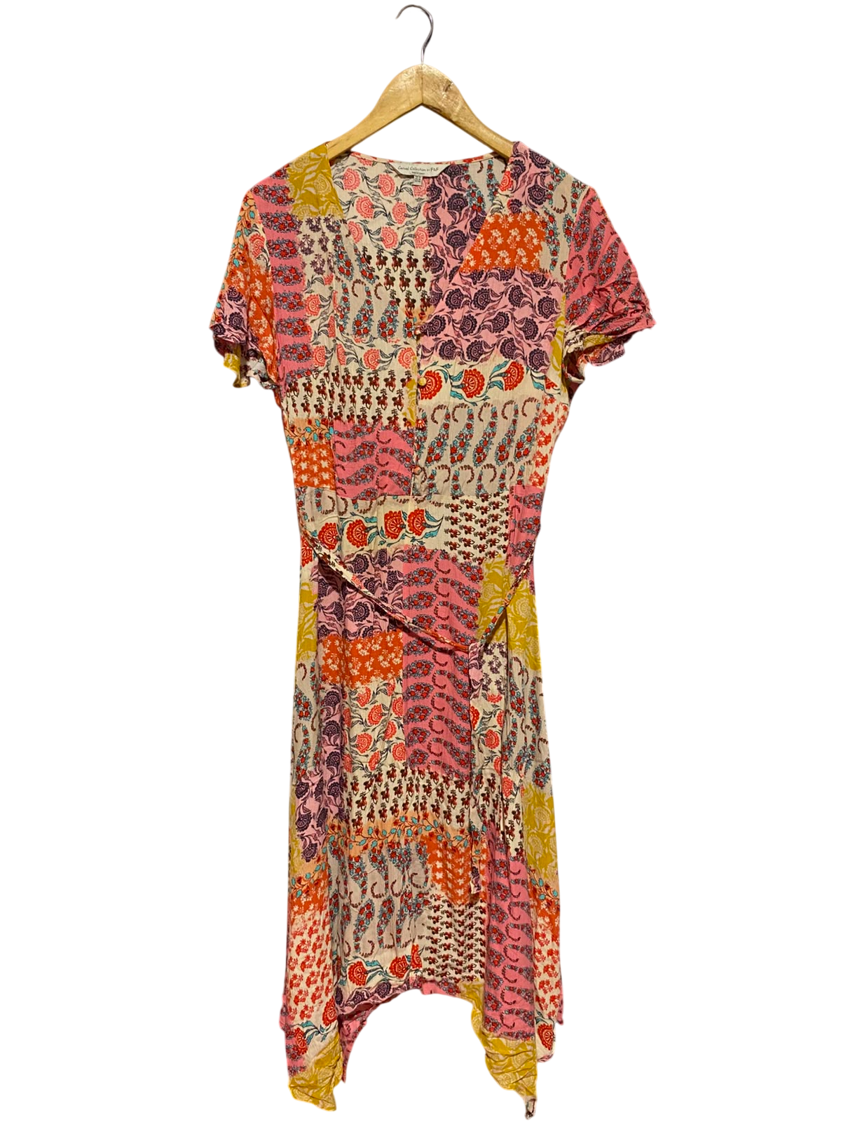 F&F |M| BUST 18| A3| MULTICOLOR BOHO FLORAL PATCHWORK V-NECK HANKY HEM MIDI DRESS WITH TIE WAIST
