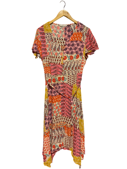 F&F |M| BUST 18| A3| MULTICOLOR BOHO FLORAL PATCHWORK V-NECK HANKY HEM MIDI DRESS WITH TIE WAIST