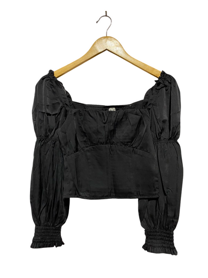 H&M DIVIDED |XS| BUST 13| A3| BLACK SATIN SQUARE NECK RUCHED BUST LONG PUFF SLEEVE BLOUSE