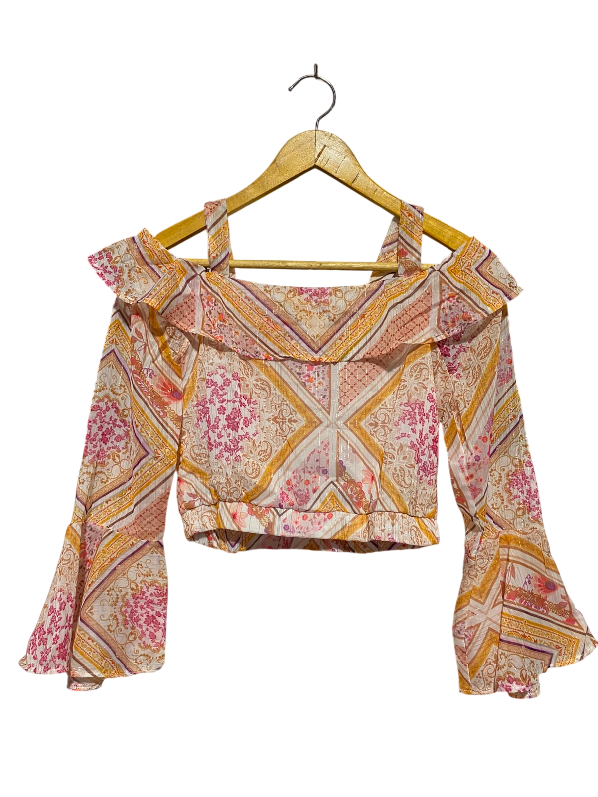 RIVER ISLAND |S| BUST 16| A3| BOHO MULTICOLOR SCARF PRINT COLD-SHOULDER FLOUNDER SLEEVE CROP TOP