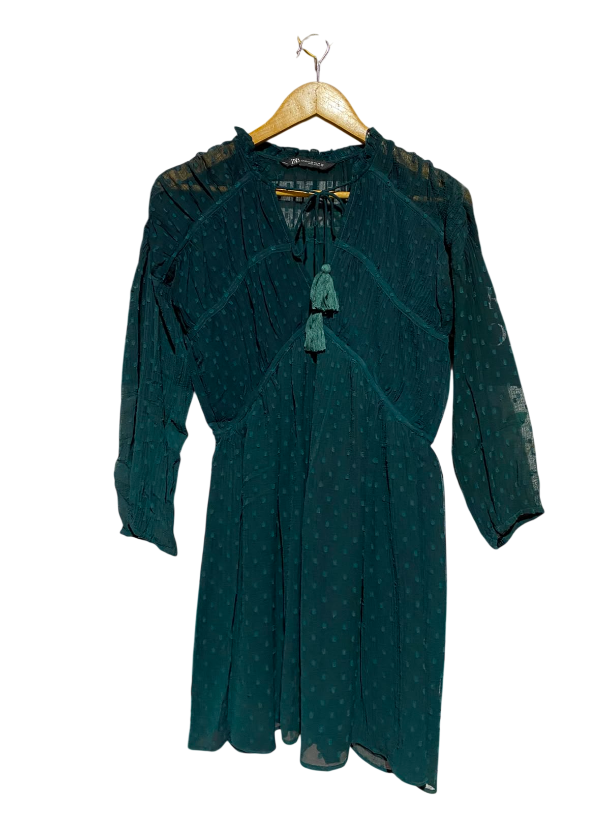 ZARA |XS| BUST 17| A3| DEEP TEAL GREEN SWISS DOT TASSEL TIE MINI DRESS