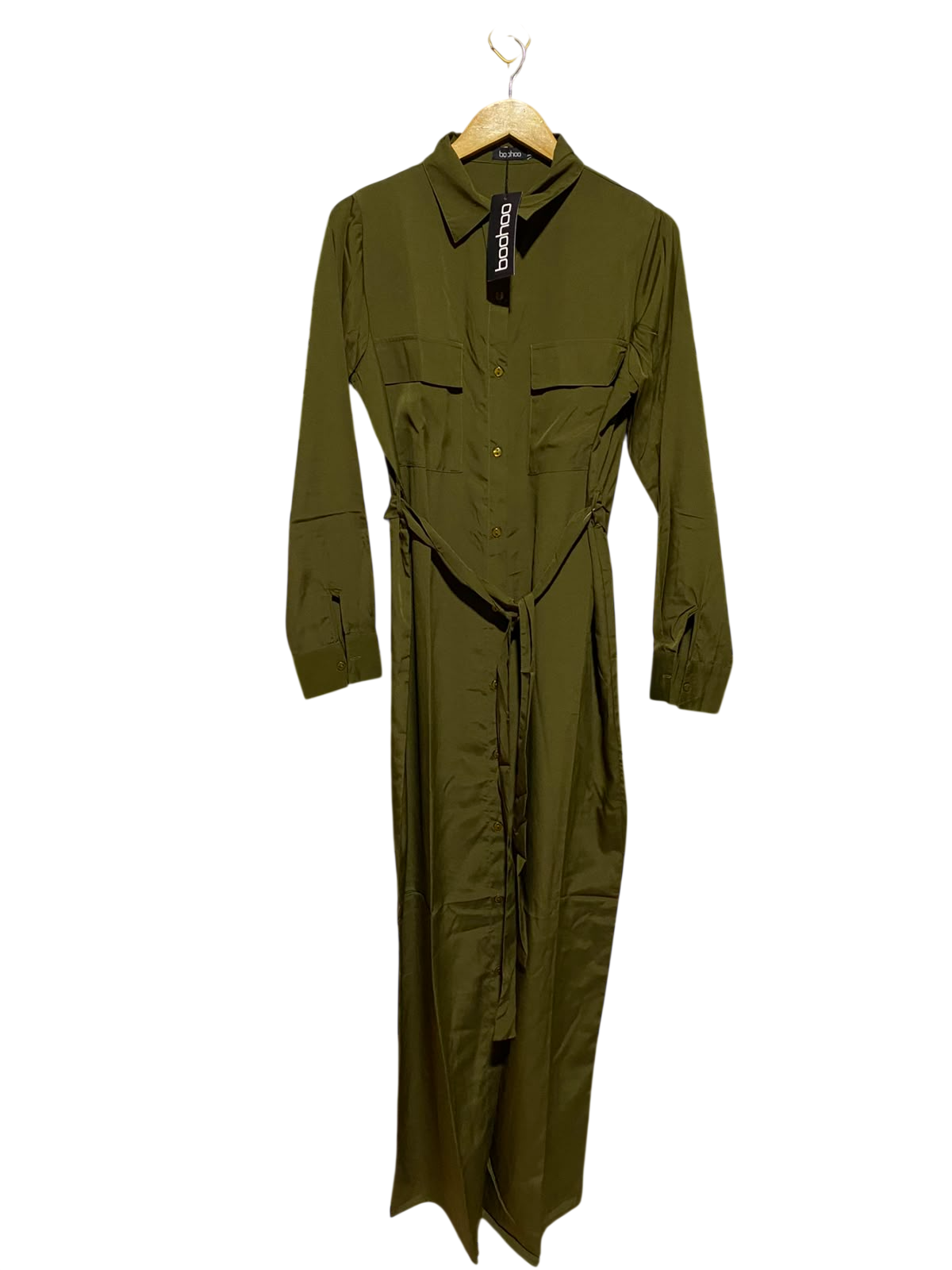 BOOHOO |L| BUST 21| A3| OLIVE GREEN SATIN UTILITY BUTTON-FRONT MAXI SHIRT DRESS