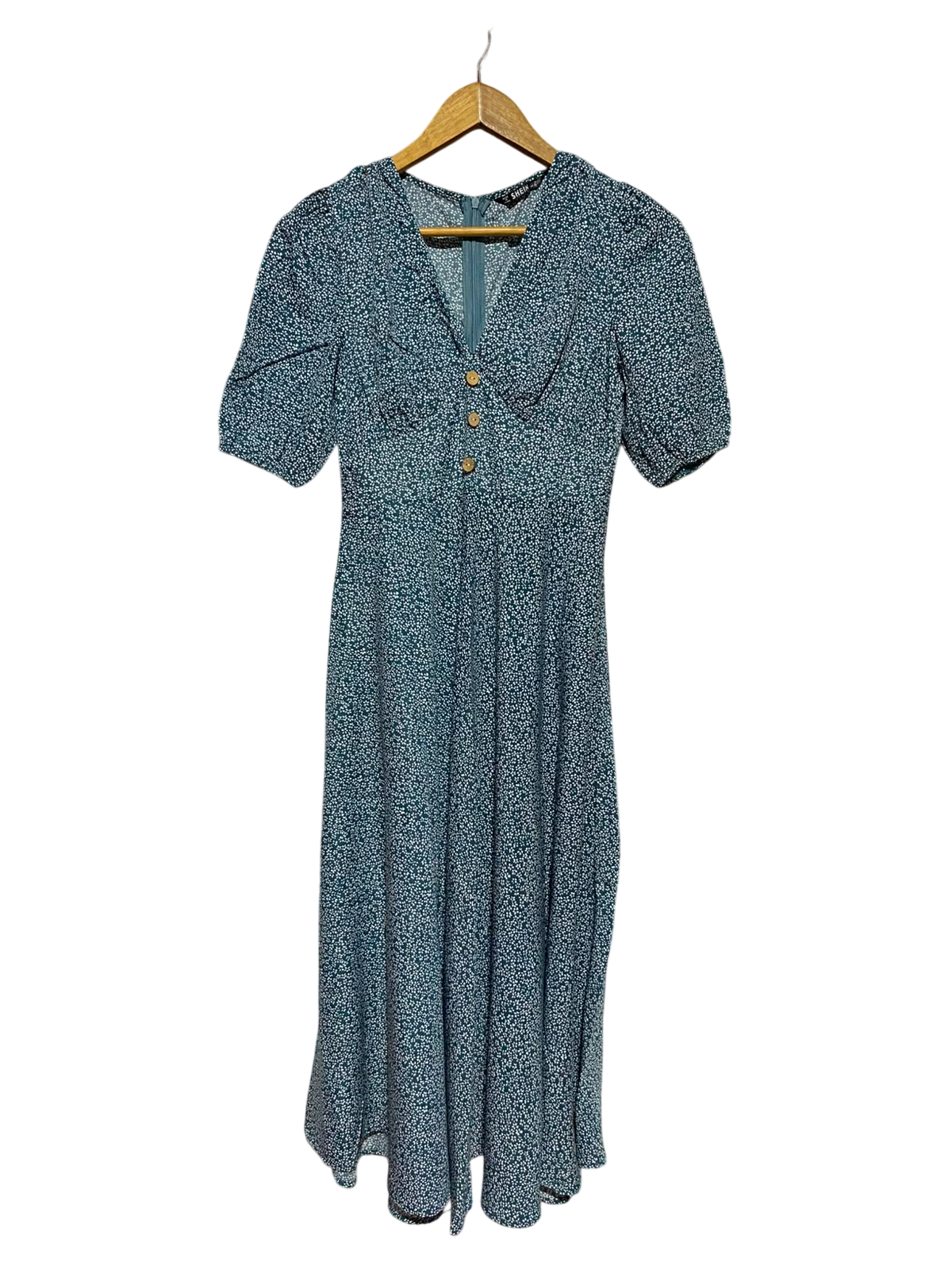 SHEIN |XS| BUST 16| A3| TEAL GREEN DITSY FLORAL V-NECK SHORT PUFF SLEEVE MIDI DRESS
