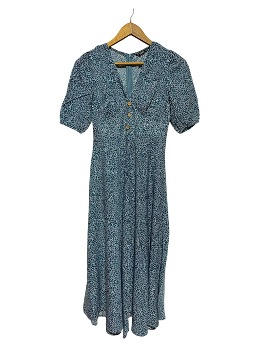 SHEIN |XS| BUST 16| A3| TEAL GREEN DITSY FLORAL V-NECK SHORT PUFF SLEEVE MIDI DRESS