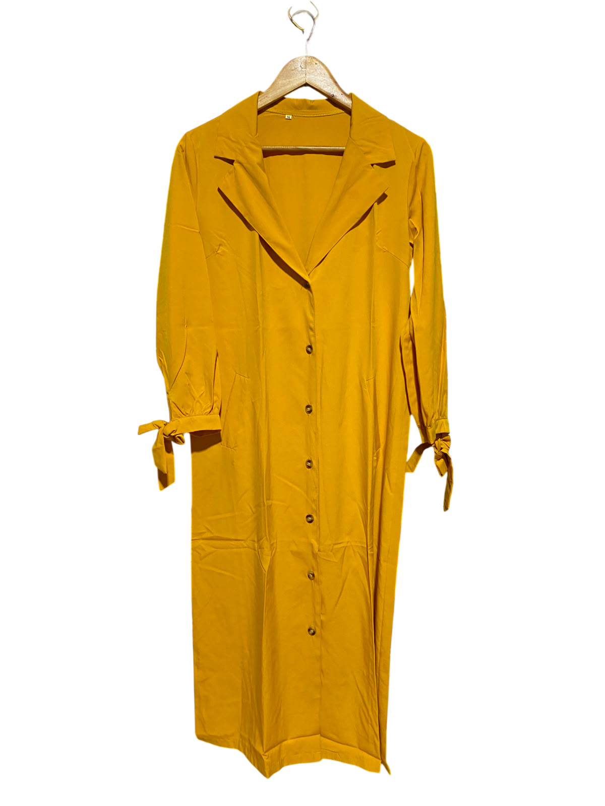 |M| BUST 20| A3| MUSTARD YELLOW NOTCH LAPEL TIE-CUFF BUTTON-FRONT TRENCH SHIRT DRESS