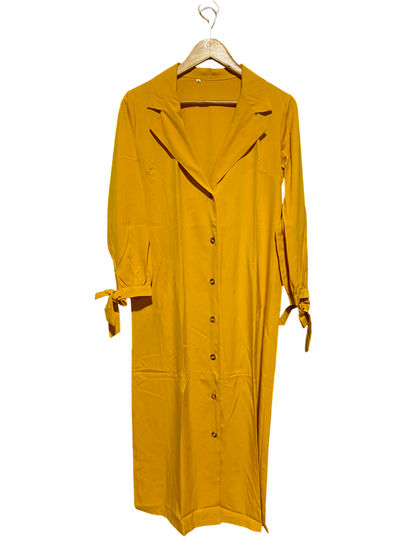 |M| BUST 20| A3| MUSTARD YELLOW NOTCH LAPEL TIE-CUFF BUTTON-FRONT TRENCH SHIRT DRESS
