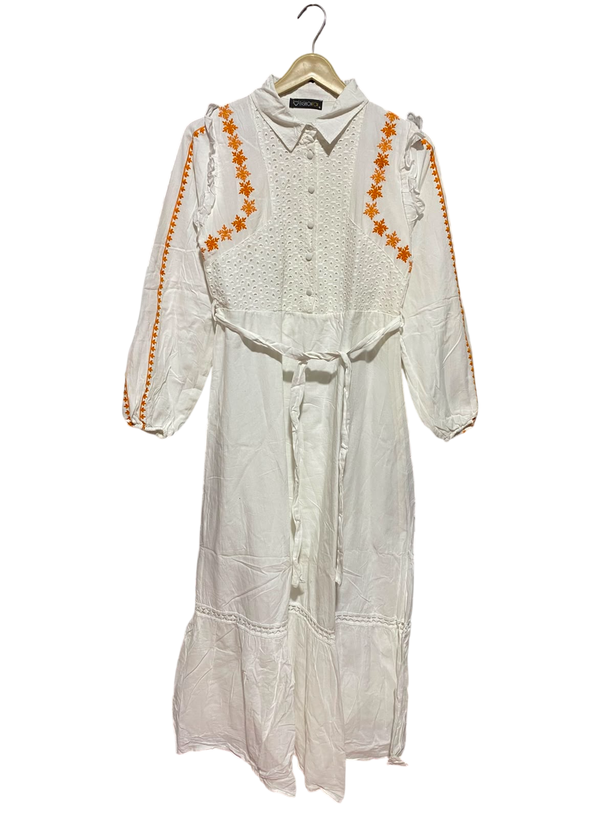 FASHION FOX |M| BUST 18| A3| WHITE BRODERIE ANGLAISE EMBROIDERED BUTTON-FRONT MAXI DRESS WITH TIE WAIST
