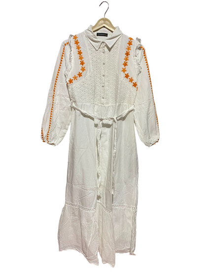 FASHION FOX |M| BUST 18| A3| WHITE BRODERIE ANGLAISE EMBROIDERED BUTTON-FRONT MAXI DRESS WITH TIE WAIST