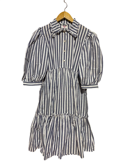 STYLO |M| BUST 20| A3| BLUE AND WHITE VERTICAL STRIPE RUFFLE COLLAR TIERED DRESS
