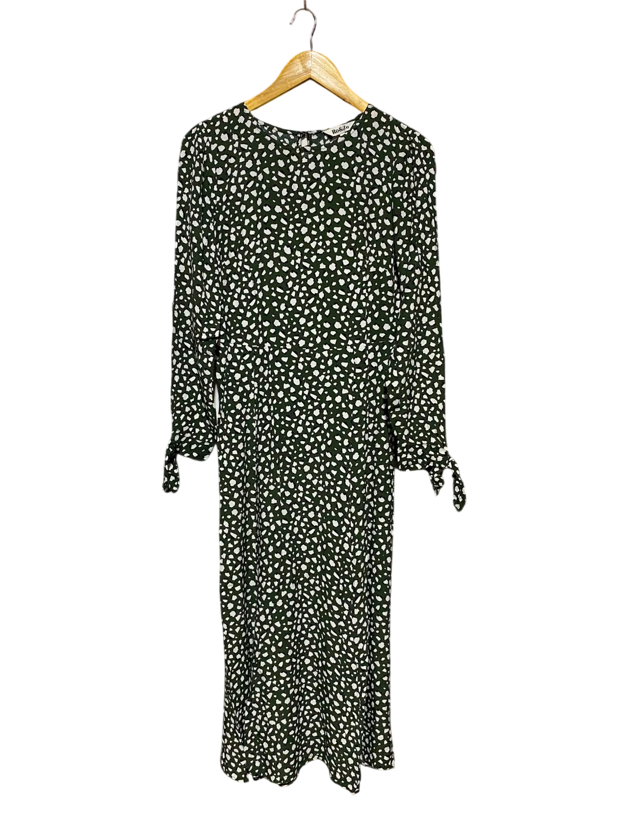 RO & ZO |M| BUST 18| A3| KHAKI GREEN DALMATIAN SPOT LONG SLEEVE TIE-CUFF MAXI DRESS