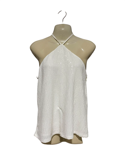 ZARA |M| BUST 15| A3| WHITE SEQUIN HALTER H neck BACKLESS PARTY CROP TANK TOP