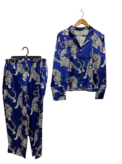 BOOHOO |XL| A3| ROYAL BLUE SATIN TIGER PRINT PYJAMA PANTS SET