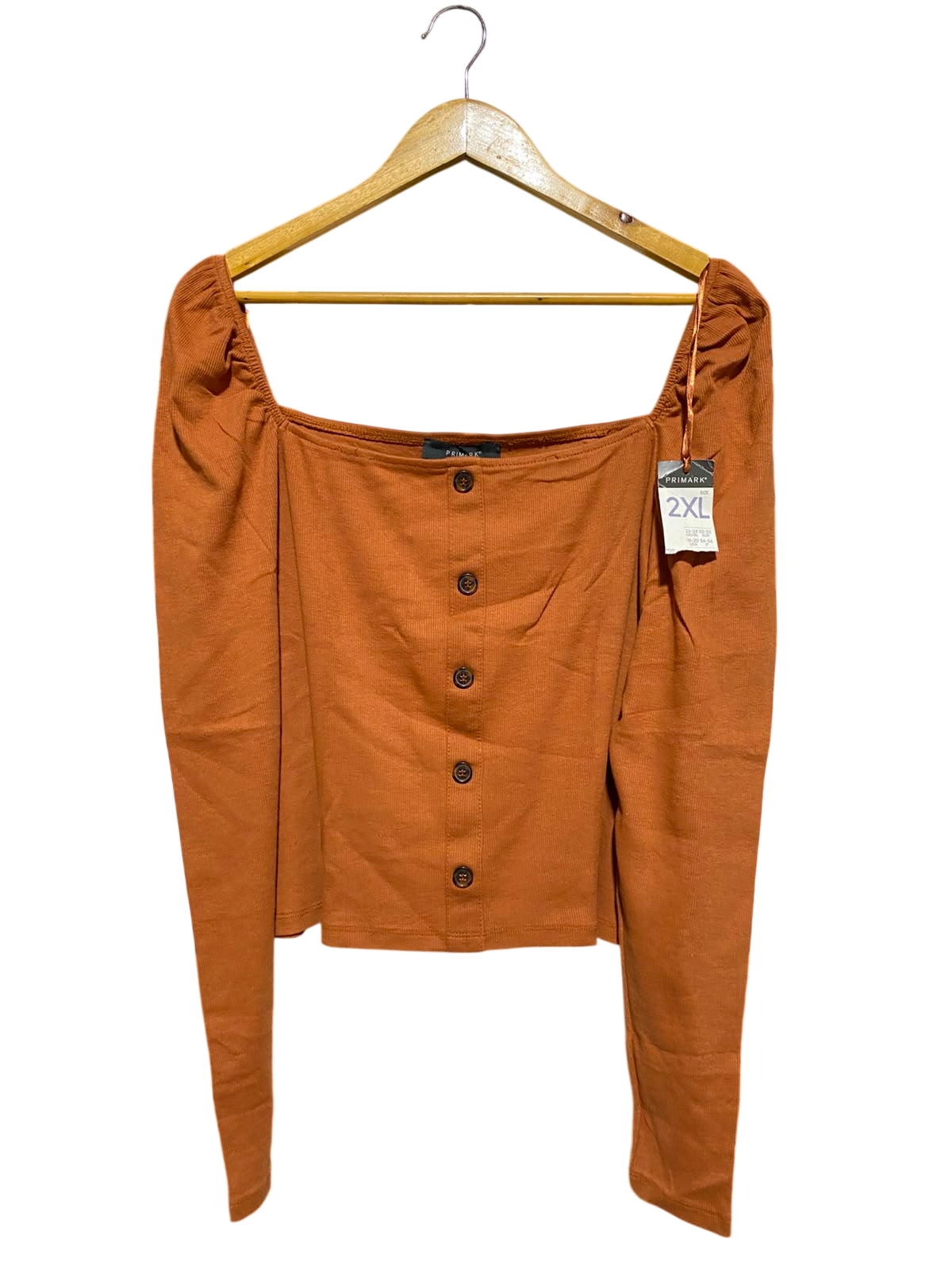 PRIMARK |XL| BUST 21| A3| RUST ORANGE RIBBED SQUARE NECK BUTTON FRONT LONG SLEEVE TOP