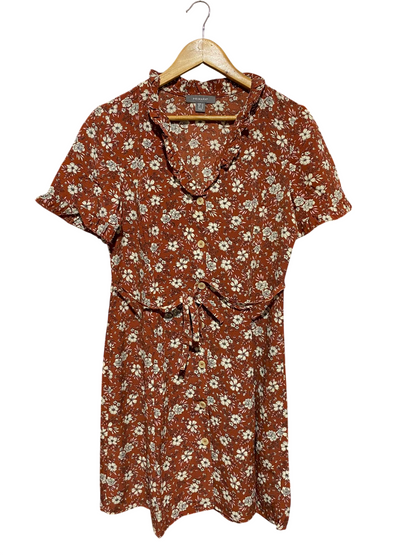 PRIMARK |M| BUST 18| A3| RUST RED FLORAL PRINT RUFFLE COLLAR BUTTON FRONT TIE WAIST DRESS