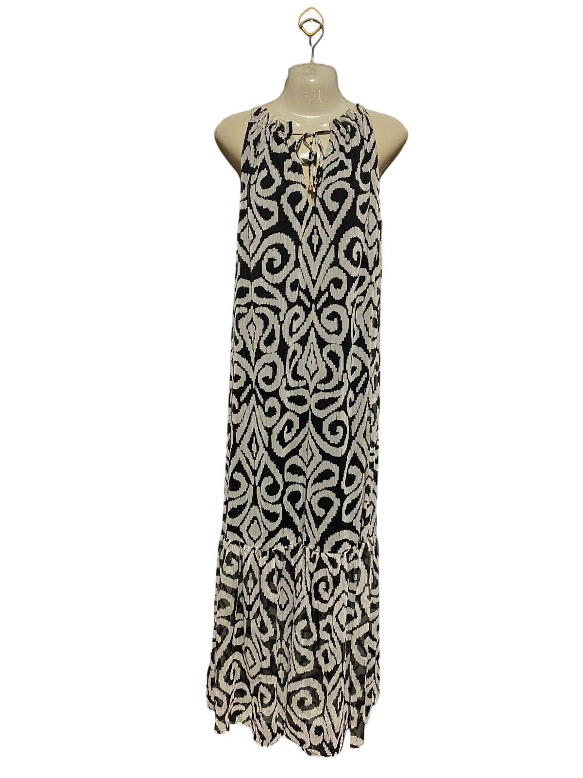 ET VOUS |M| BUST 22| A3| BLACK AND WHITE IKAT DAMASK PRINT HALTER H neck TIERED MAXI DRESS
