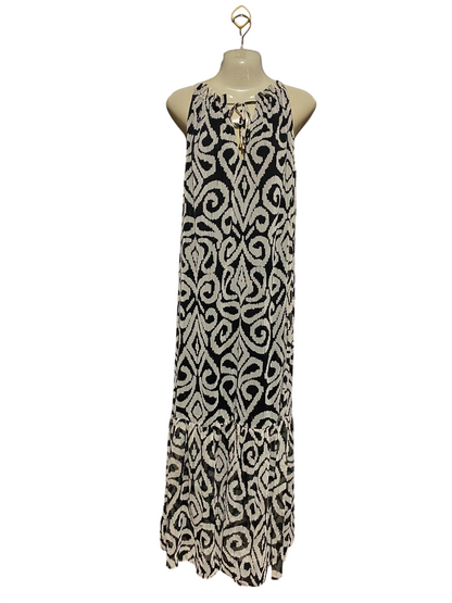 ET VOUS |M| BUST 22| A3| BLACK AND WHITE IKAT DAMASK PRINT HALTER H neck TIERED MAXI DRESS