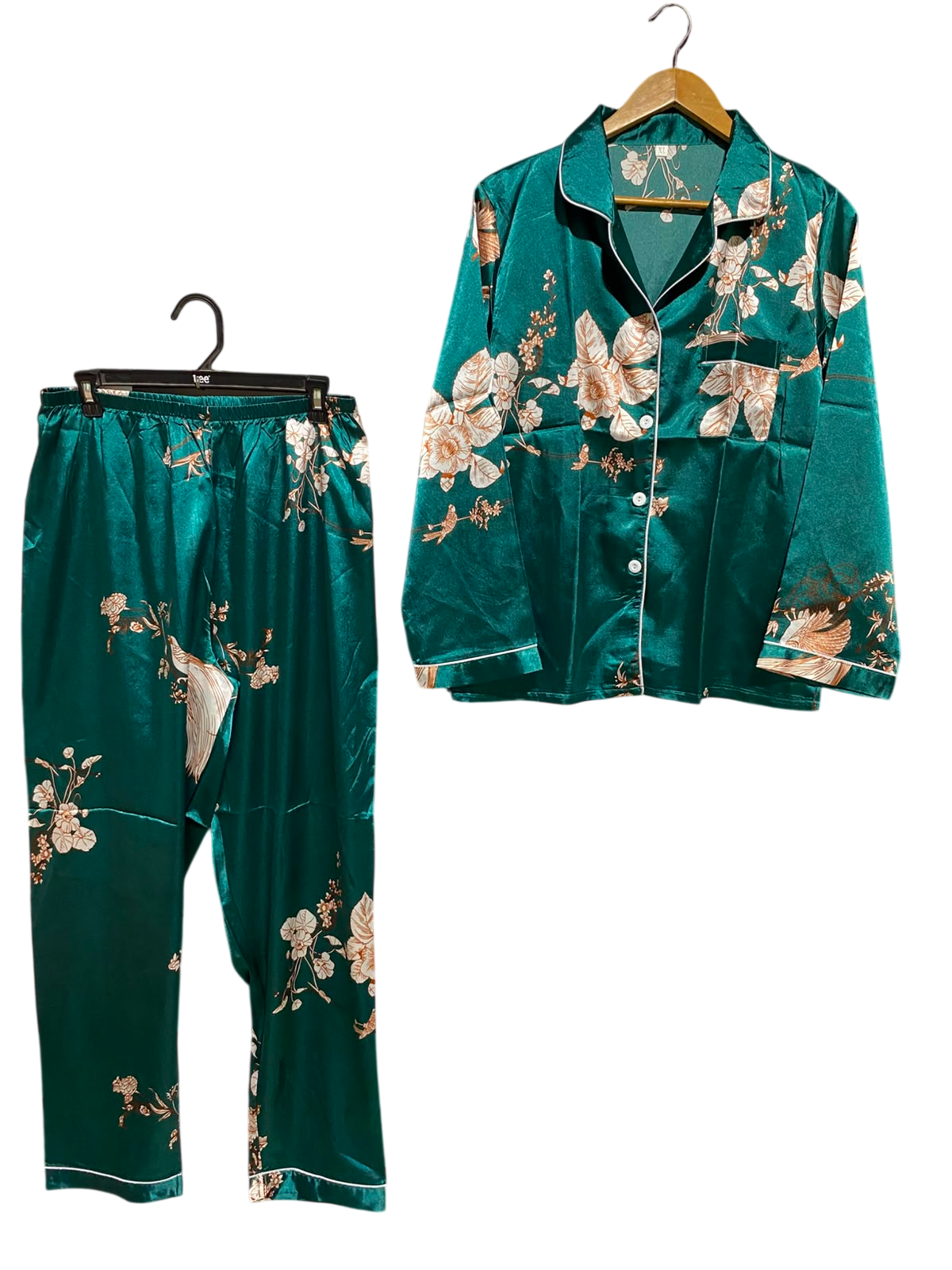 |XL| A3| EMERALD GREEN SATIN FLORAL AND BIRD PRINT PYJAMA PANTS SET