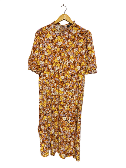 NEW LOOK |M| BUST 18| A3| MUSTARD YELLOW AND BROWN FLORAL MOCK NECK PUFF SLEEVE MIDI DRESS