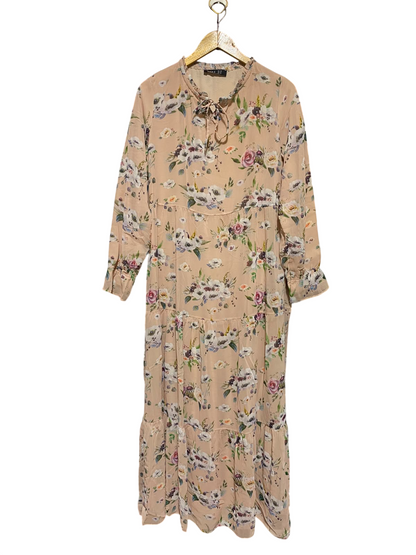 REFKA |M| BUST 20| A3| BLUSH PINK FLORAL PRINT TIE-NECK TIERED MAXI DRESS