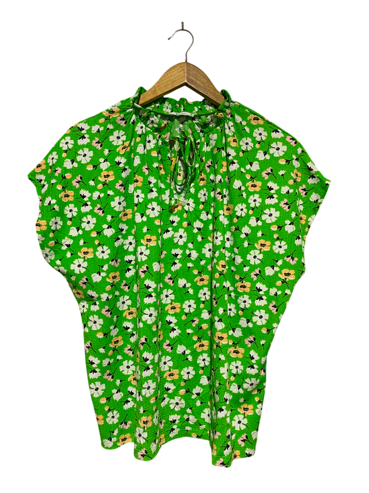 TU WOMAN |M| BUST FREE| A3| GREEN FLORAL PRINTED RUFFLE COLLAR TIE-NECK CAP SLEEVE BLOUSE