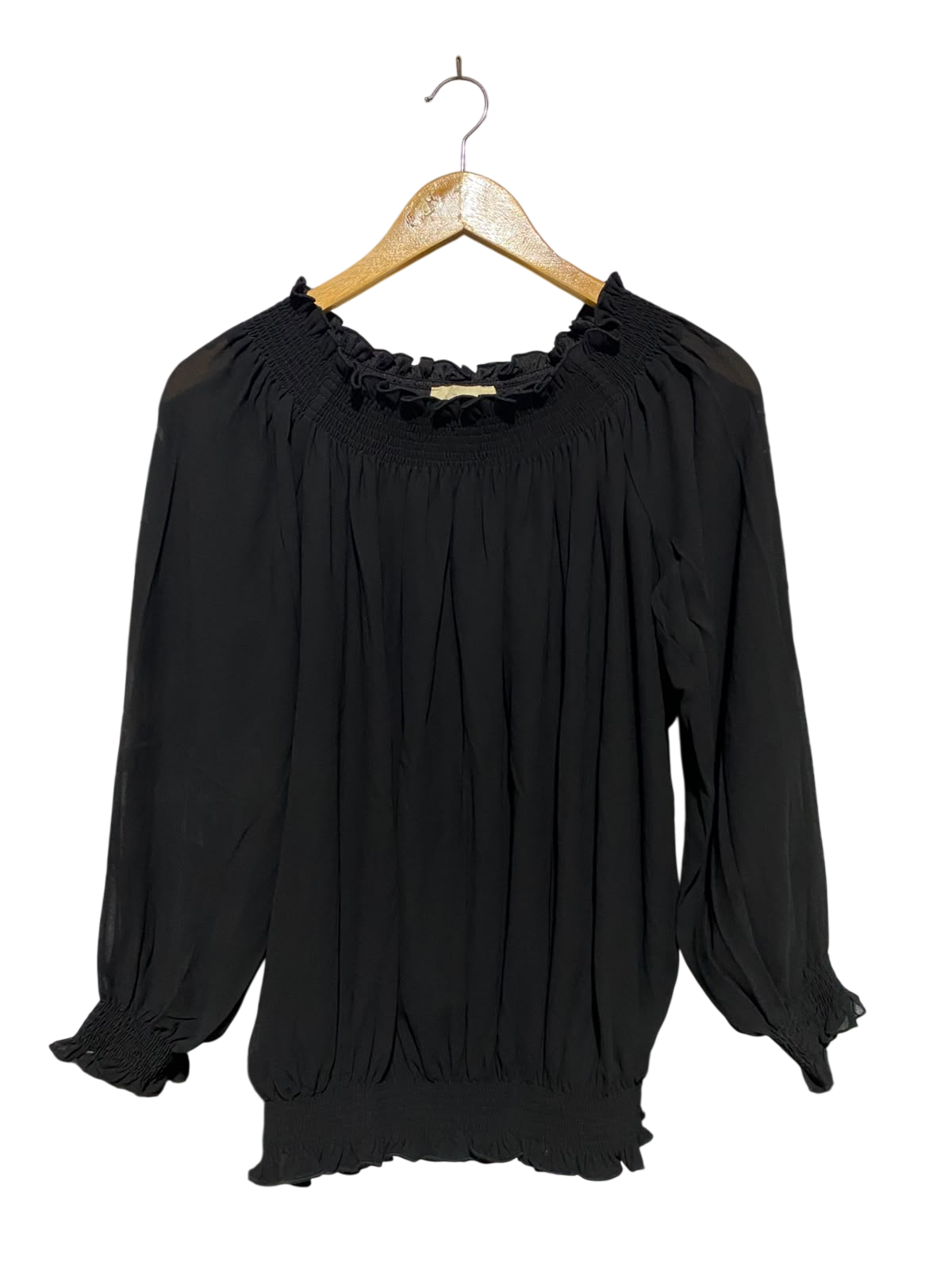 ADIVA |M| BUST 18| A3|BLACK CHIFFON SMOCKED NECK AND WAIST LONG SLEEVE BLOUSE