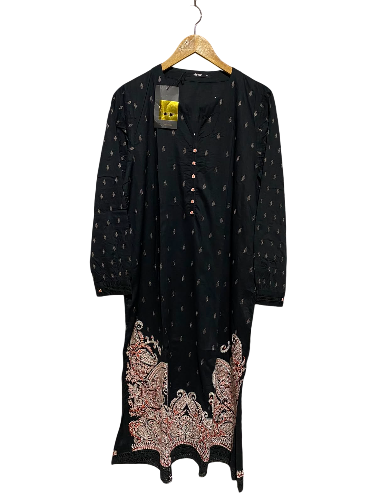 KHAADI |M| BUST 20| A4| BLACK BOOTI PRINTED KURTI WITH EMBROIDERED PAISLEY DAMAN