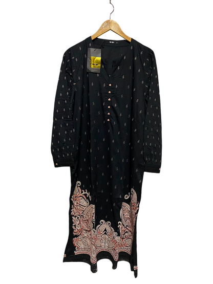 KHAADI |M| BUST 20| A4| BLACK BOOTI PRINTED KURTI WITH EMBROIDERED PAISLEY DAMAN