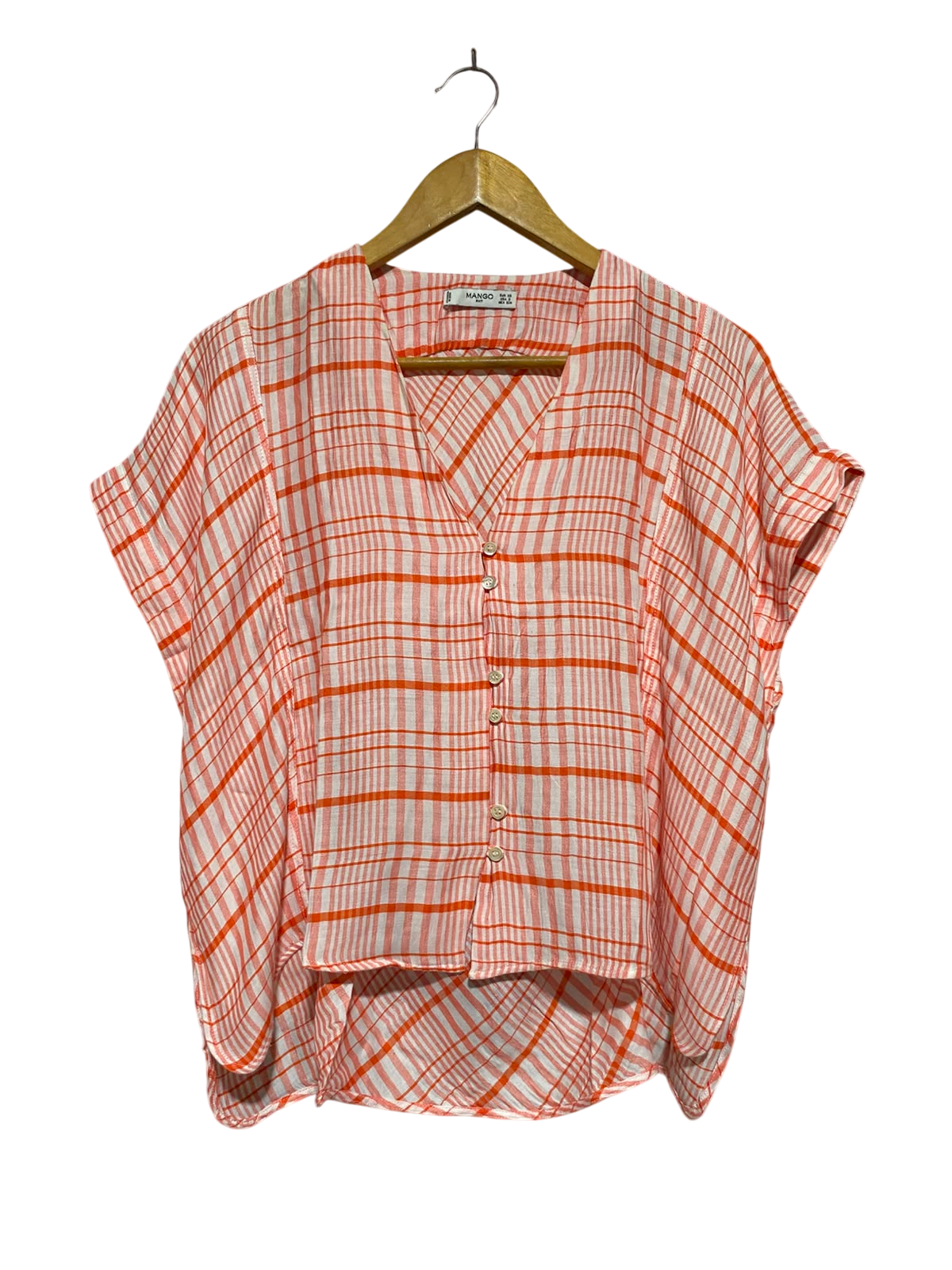 MANGO |XS| BUST FREE| A4| ORANGE AND WHITE PLAID SHORT SLEEVE HI-LOW BLOUSE
