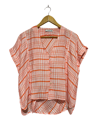 MANGO |XS| BUST FREE| A4| ORANGE AND WHITE PLAID SHORT SLEEVE HI-LOW BLOUSE