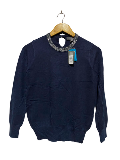 PRIMARK |S| BUST 17| A4| NAVY BLUE SEQUIN EMBELLISHED COLLAR KEYHOLE BACK SWEATER