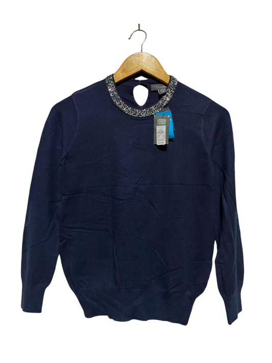 PRIMARK |S| BUST 17| A4| NAVY BLUE SEQUIN EMBELLISHED COLLAR KEYHOLE BACK SWEATER