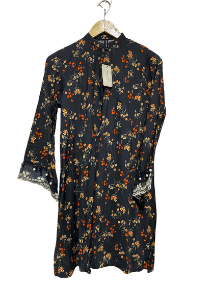 CROSS STITCH |XS| BUST 18| A4| BLACK FLORAL PRINTED KURTI WITH EMBROIDERED PEARL SLEEVES