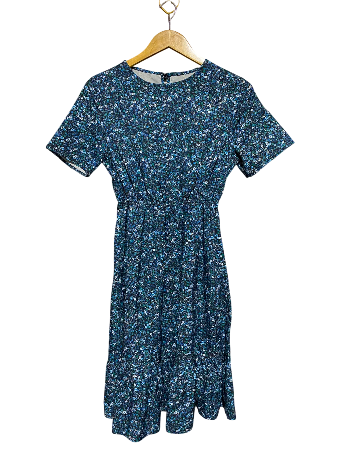 BOTURE |XS| BUST 16| A4| BLUE DITSY FLORAL SHORT SLEEVE CINCHED WAIST MIDI DRESS