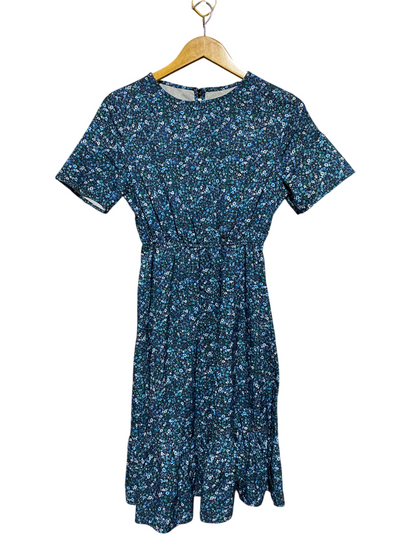 BOTURE |XS| BUST 16| A4| BLUE DITSY FLORAL SHORT SLEEVE CINCHED WAIST MIDI DRESS