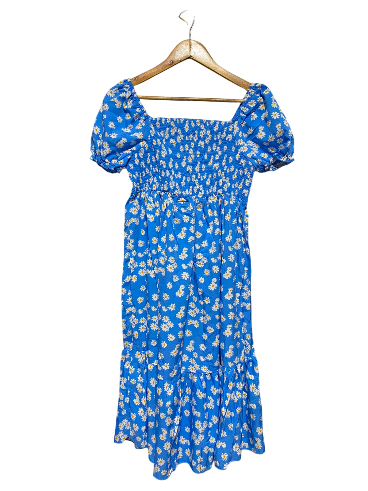 SHEIN |M| BUST 15| A4| BLUE DAISY FLORAL SMOCKED PUFF SLEEVE TIERED MIDI MAXI DRESS